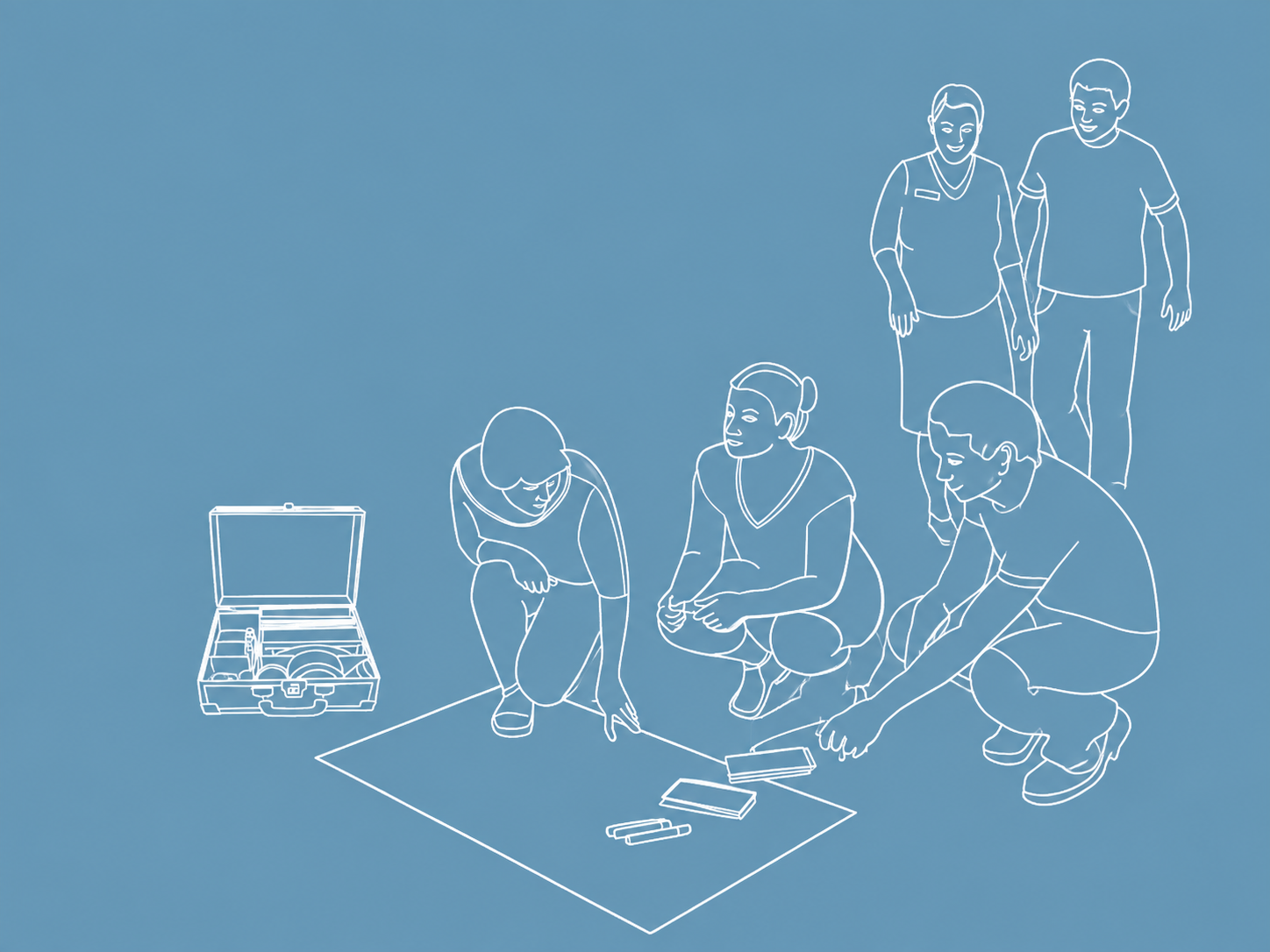 Vorschau Flyercover Menschenrechte kennen keine Neutralität: Illustration mit 3 Menschen am Flipchart und 2 im Hintergrund