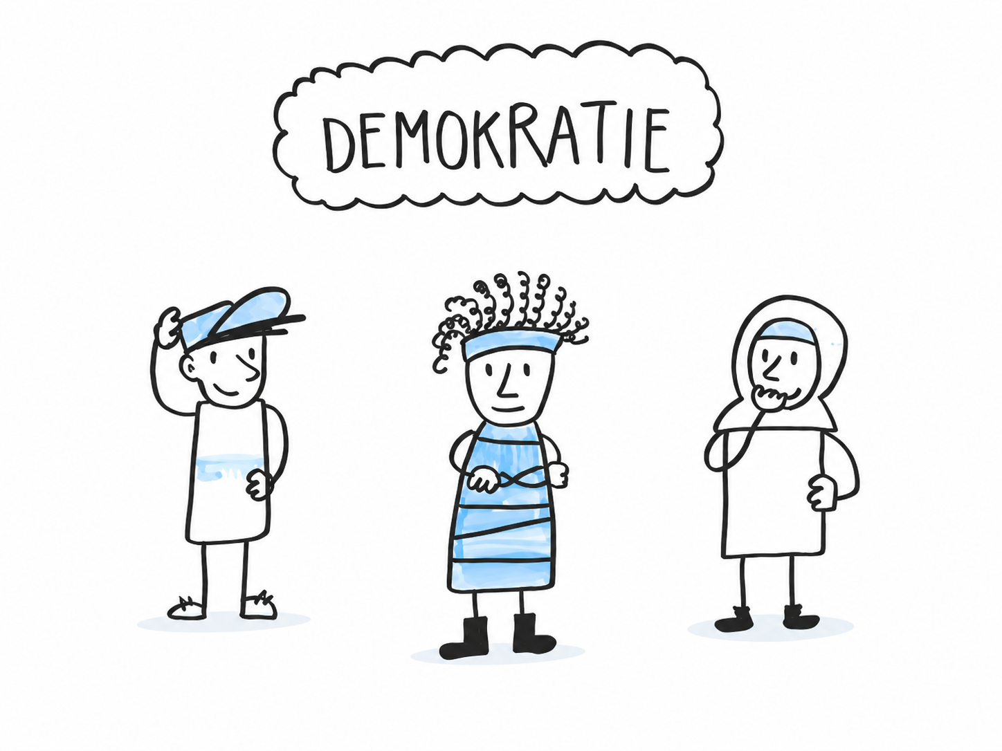 Demokratie steht in einer Blase über drei gezeichneten Menschen