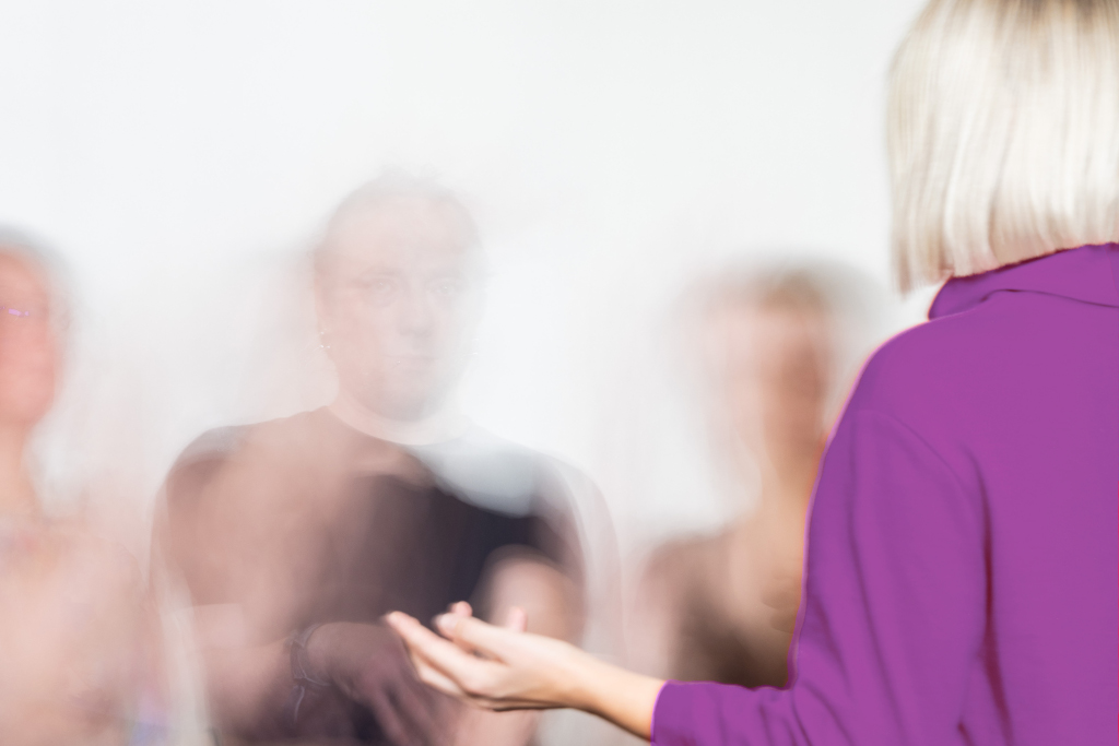 Im Vordergrund steht weibliche Person mit dem Rücken zur Kamera (man sieht nur Hälfte des Rückens und Hinterkopf und den linken Arm, die Handausgestreckt, als würde die Person etwas erklären). Ihr gegenüber stehen mindestens drei Personen, die allerdings verschwommen und nicht erkennbar sind