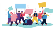 Illustration einer Demonstration: Unterschiedliche Menschen halten Banner und Plakate und bewegen sich