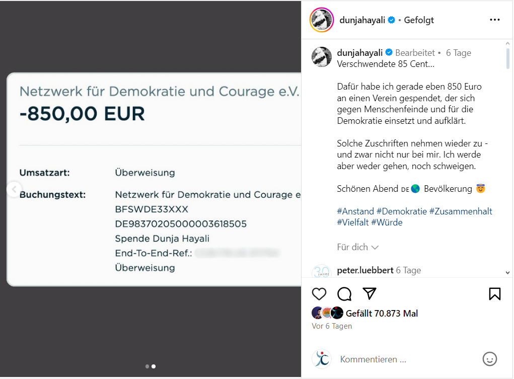 Instagram-Post von Dunja Hayali am 25.06.2024