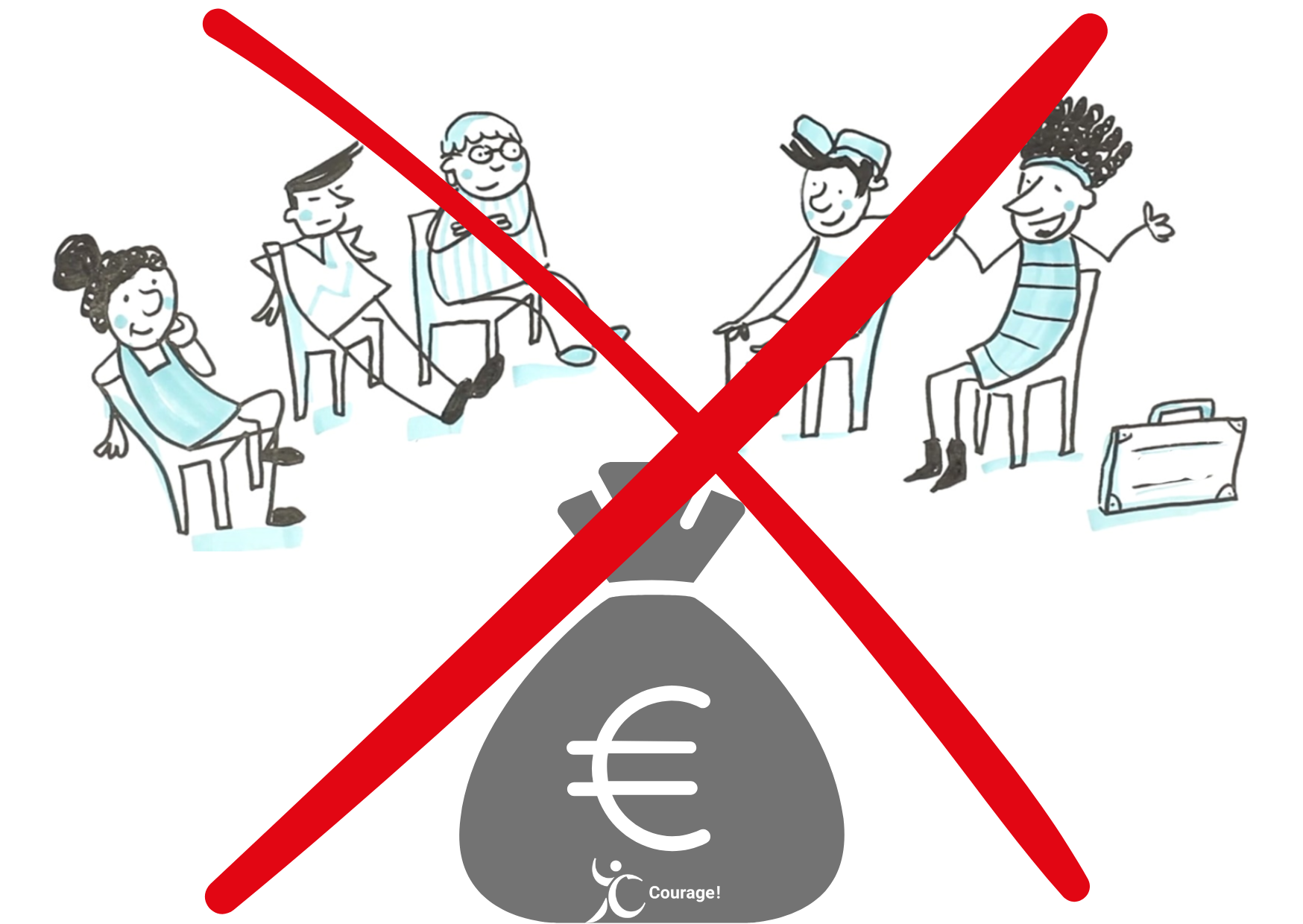 Menschen (Comiczeichnung) sitzen im Halbkreis und reden. Darunter ein Geldsack mit dem NDC-Logo. Das ganz Bild ist rot durchgestrichen.