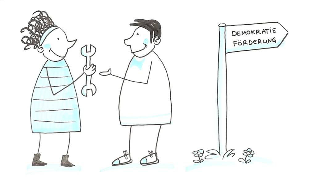 Zeichnung mit zwei Personen, eine gibt der anderen einen Schraubenzieher, daneben steht ein Wegweiser auf dem Demokratieförderung steht