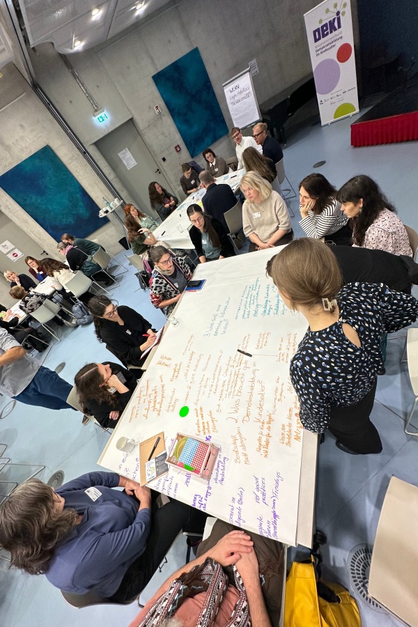 Zehn Personen sitzen an einem Tisch und diskutieren. Auf dem Tisch befindet sich eine Papiertischdecke mit notierten Ideen. Im Hintergrund befinden sich zwei weitere Tische mit Diskussionsgruppen.