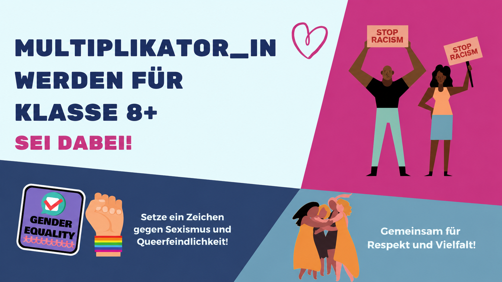 Teaserbild mit der Überschrift "Multiplikator_in werden für Klasse 8+. Sei dabei!"